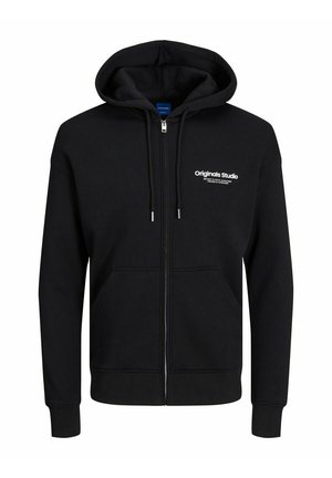 Black zip-up hoodie made of cotton blend fabric, featuring a front pouch pocket, drawstring hood, and white logo text on the chest.