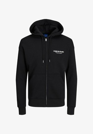 Felpa nera con zip realizzata in un tessuto misto cotone, con tasca a soffietto frontale, cappuccio con lacci e testo del logo bianco sul petto.