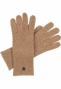 Brown wool gloves with ribbed cuffs, five-finger design, and a small black emblem on the wrist area. Soft texture and warm appearance.