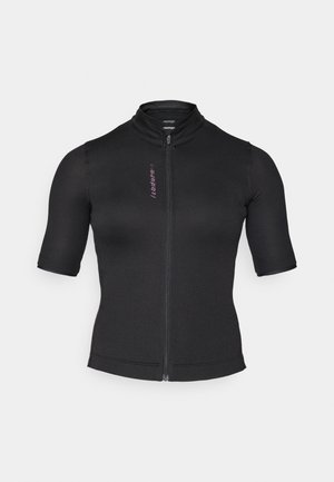 Schwarzes Kurzarm-Zip-Up-Oberteil aus glattem Stoff. Verfügt über einen hohen Kragen und subtilen lila Text auf der Vorderseite. Figurumspielendes Design.