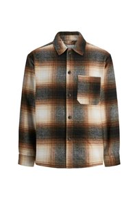Brown plaid flannel shirt with shades of black and cream, button closure, shirt collar, and one chest pocket with a squared design.