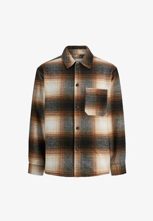 Bruine geruite flanellen overhemd met tinten zwart en crème, knoopsluiting, overhemdkraag en één borstzak met een vierkant ontwerp.