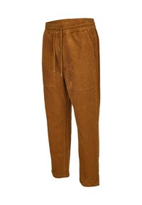 Pantalon en velours côtelé marron avec taille élastique, cordon ajustable et poches plaquées devant, présenté sur fond blanc.