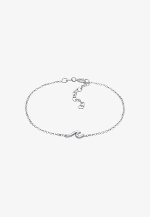 Silberne Kettenarmband mit einem wellenförmigen Anhänger, der ein zartes Design, einen verstellbaren Verschluss und eine glatte Textur aufweist.