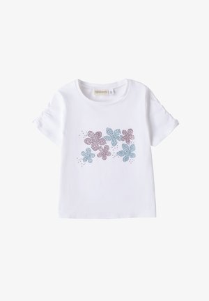 Camiseta de algodón blanca con mangas cortas, que presenta un diseño floral en strass azul y burdeos en la parte delantera. Textura suave.