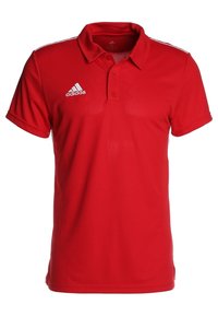 Rotes Adidas-Polohemd mit klassischem Kragen, drei Knöpfen, kurzen Ärmeln und weißem Markenlogo auf der linken Brust. Glattes, leichtes Material.