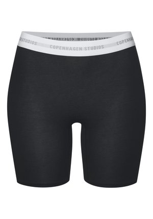 Shorts da biker neri realizzati in tessuto leggero. Presentano una cintura elastica bianca con la scritta "Copenhagen Studios" stampata in grigio.
