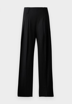 Black tailored trousers with a wide-leg design, featuring pleats at the front and a smooth texture. No visible hardware or patterns.