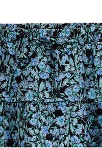 Tessuto per abito floreale, con uno sfondo nero e fiori blu e verdi. Vita arricciata con dettaglio da annodare. Materiale morbido e leggero.