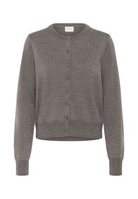 Gray knitted cardigan with a round neckline, front button closure, and ribbed cuffs and hem. Features a soft texture and slim fit design.