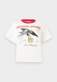 White cotton t-shirt with red crew neck, featuring a graphic of a bird, “Rolling Stones '72” text, and “LA” design elements in various colors.