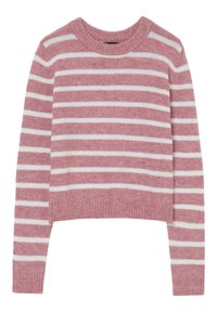 Maglione a righe in morbido rosa e bianco, con scollo rotondo, maniche lunghe e orlo a coste. Realizzato in un materiale morbido e testurizzato.