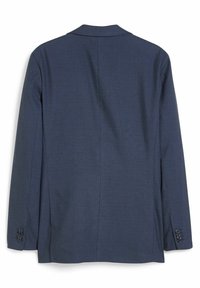 Marineblauwe blazer met een gladde textuur, enkele split en een notch-lapel; heeft knoopaccenten op de manchetten en een getailleerde pasvorm.