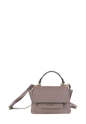 Borsa in pelle di colore malva tenue con un design strutturato, manico superiore, tracolla staccabile e dettagli in metallo dorato.