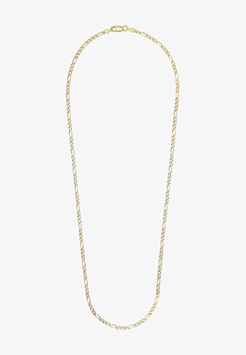 Guld kædese med forlængede led, en glat overflade og en sikker lås. Designet til et klassisk, alsidigt udseende.