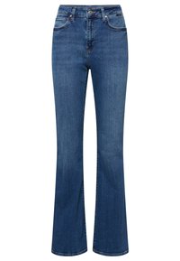 Modré džíny z denimu s středním pasem, zapínáním na knoflík a zip, pětimístným designem a mírně rozšířenými nohavicemi.