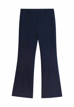 Pantalon large bleu marine en tissu texturé, devant plat, deux poches latérales et une ceinture lisse, offrant une coupe ajustée.