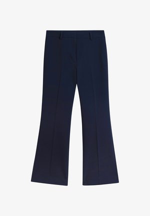 Marineblauwe wijde broek met een gestructureerde stof, een platte voorkant, twee zijzakken en een gladde tailleband, die een getailleerde pasvorm biedt.