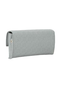 Portafoglio grigio chiaro realizzato in materiale testurizzato, con motivo in rilievo a cerchi e dettagli floreali. Chiusura a scatto magnetica sul lato.