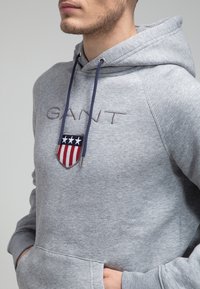 Jeune homme portant un sweat à capuche gris clair avec des cordons bleu marine, le texte brodé « GANT » et un logo en forme de bouclier rouge, blanc et bleu sur la poitrine.