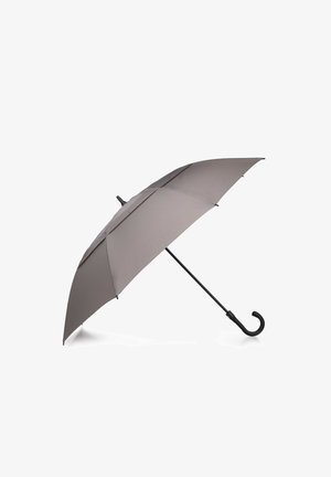 Parapluie gris avec une poignée noire courbée, design léger et texture lisse, comportant huit baleines uniformément espacées pour le soutien.