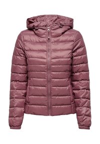 Gepolsterte Jacke in Mauve mit Kapuze, horizontal gestepptem Design, durchgehendem Reißverschluss und elastischen Manschetten für einen snug fit.