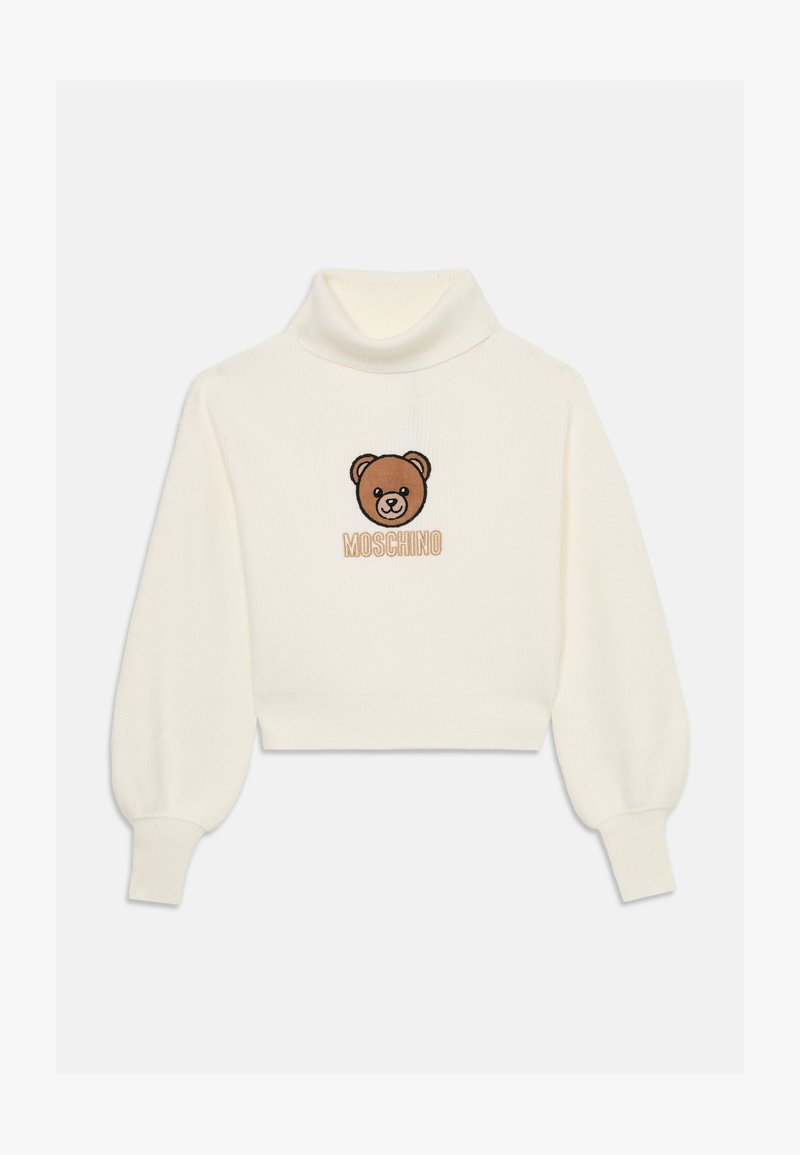 Κρεμώδες cropped πουλόβερ με λαιμό κομμένου, διαθέτοντας ένα κεντημένο καφέ αρκουδάκι και το κείμενο "Moschino" κάτω από το σχέδιο. Υλικό με υφή πλεξίματος.