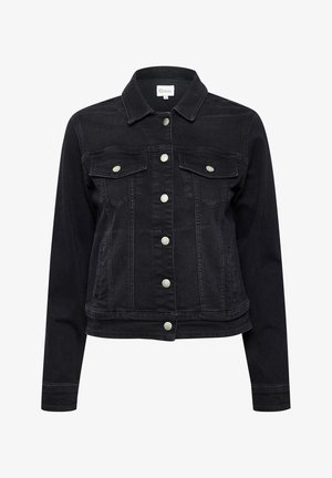 Fekete farmerdzseki klasszikus szabásban, két mellzsebbel, ezüst színű gombokkal és struktúrált gallérral. Hosszú ujjak, gombos mandzsettával.