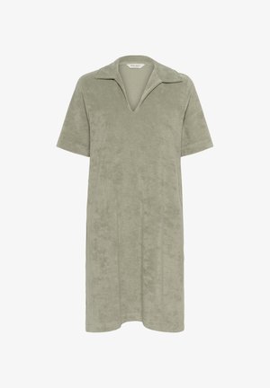 Lühikeste varrukatega, V-kaelusega kleit pehmest, tekstuuriga oliivrohelisest kangast. Omab kaeluse disaini ja ulatub reie keskossa.