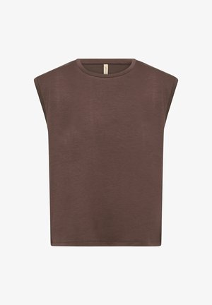 Brauner ärmelloser Top aus weichem Stoff, mit rundem Halsausschnitt und boxy Silhouette mit klaren Kanten. Glatte Textur ohne Muster.
