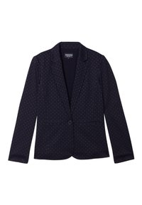 Blazer azul marino con un sutil patrón de puntos, cierre de un botón, solapas de muesca y dos bolsillos frontales. Textura de tela suave.