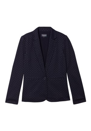 Marineblauwe blazer met een subtiel stippenpatroon, enkele knoopsluiting, notch-revers en twee voorkeurszakken. Soepele stoftextuur.