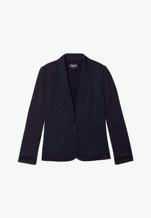 Marineblauwe blazer met een subtiel stippenpatroon, enkele knoopsluiting, notch-revers en twee voorkeurszakken. Soepele stoftextuur.