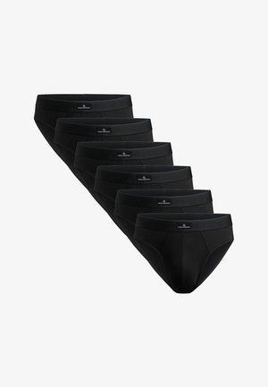 Braguitas de algodón negras con una textura suave, que presentan una cinturilla ancha y un sutil detalle de logo. Seis piezas dispuestas en fila.