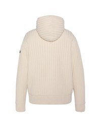 Hoodie di colore crema con texture a coste, caratterizzato da un alto colletto e maniche lunghe. I polsini e l'orlo sono a coste per una vestibilità aderente.