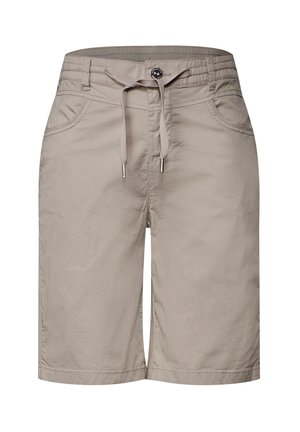 Shorts beige clair en matériau doux et léger. Équipés d'une taille élastique avec cordon de serrage, de deux poches latérales et d'une coupe droite.