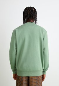 Groene sweatshirt met geribde manchetten en zoom, van achteren weergegeven. Glad textuur, ronde halslijn en relaxte pasvorm.