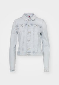 Light blue denim jacket with a classic collar, long sleeves, front pockets, and button closures. Distressed texture with standard fit.