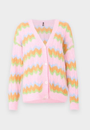 Pink knitted cardigan with a zigzag pattern in orange, green, and blue. Features a V-neck and five buttons down the front.