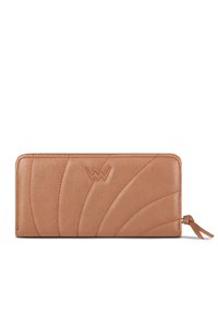 Leather wallet in tan with stitched wave pattern, zip closure, and logo accent. Smooth texture, slim shape, and tassel pull detail.
