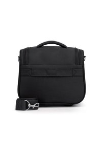 Zwarte gestructureerde tas gemaakt van textuurstof, met een bovenhandvat, een verstelbare schouderband en een ritssluiting. Inclusief een externe strap detail.