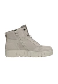 Helles graue High-Top-Sneaker aus Wildleder mit einem seitlichen Reißverschluss, Schnürverschluss vorne, strukturierten Akzenten und einer dicken Gummisohle.