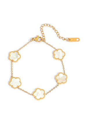 Gold chain bracelet with five white mother-of-pearl flower charms and a lobster clasp, including an adjustable extension chain.