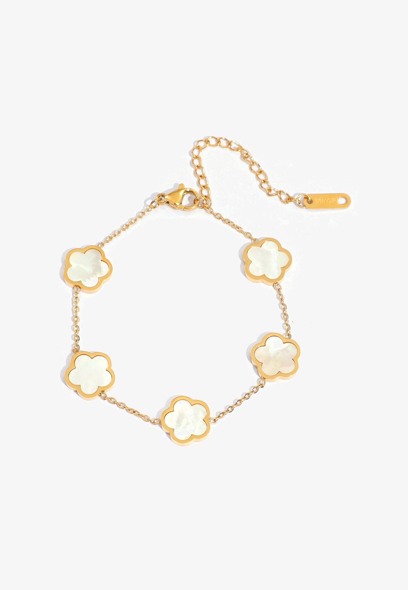 Gold chain bracelet with five white mother-of-pearl flower charms and a lobster clasp, including an adjustable extension chain.