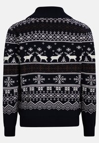 Pulover negru tricotat cu modele Fair Isle alb și maro, prezentând reni și fulgi de zăpadă, cu guler, manșete și tiv elastic.