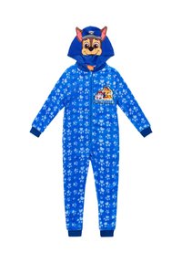 Blue hooded onesie made of soft fleece, featuring a paw print pattern, character face on the hood, and a "Paw Patrol" badge detail.