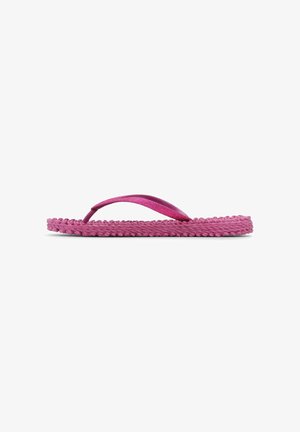 Pink klip-klap sandal med flettet sål og blank, struktureret rem vist i sideprofil på hvid baggrund.