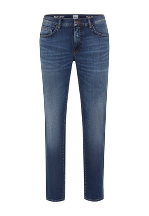 Donkerblauwe denimjeans met een slim fit, voorzien van een klassieke vijf-pocketontwerp, subtiele vervaging en een knoopsluiting met een rits.