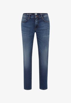 Jean en denim bleu foncé avec une coupe slim, dotés d'un design classique à cinq poches, d'une légère décoloration et d'une fermeture à bouton avec zip.
