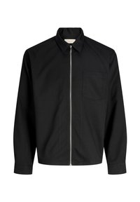 Giacca nera con zip frontale, collo a risvolto e una tasca sul petto. Realizzata in tessuto strutturato con maniche lunghe e taglio dritto.